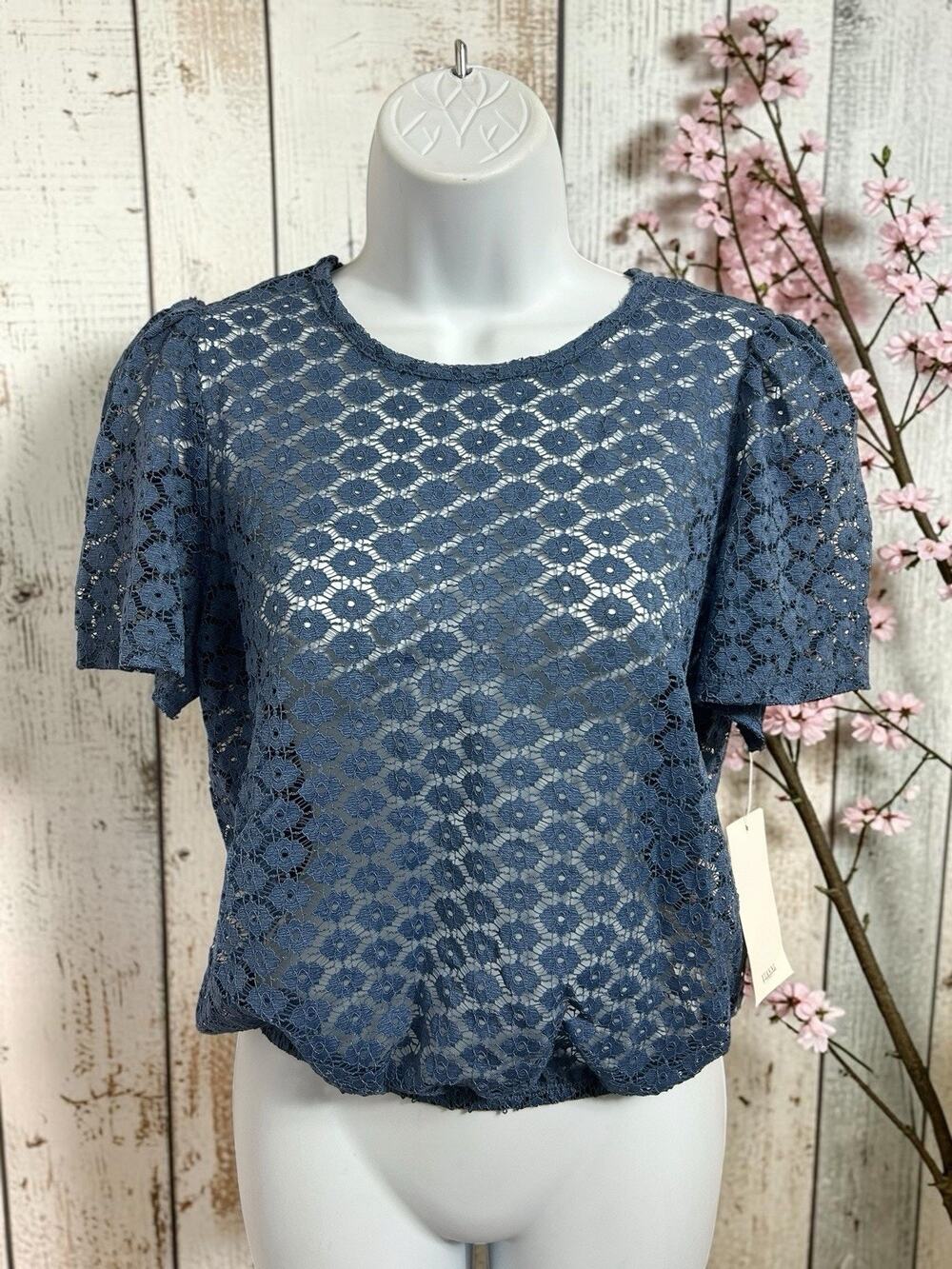 Vianni Blue Floral Lace Blouse Sz Large Semi Sheer Top Short Sleeves New